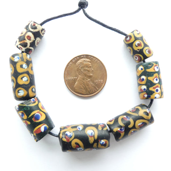 Lampwork, Antique Venetian, Black Tread Beads with Colorful "Eyes", Set of 7