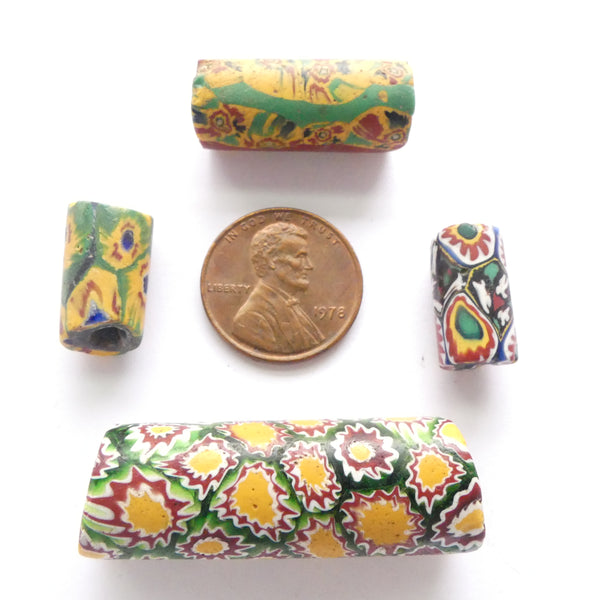 Millefiore African Trade Beads, Mixed Lot of 4 Beads with Green, largest 35x12mm
