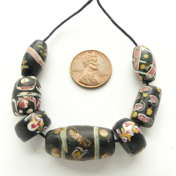 Lampwork, Antique Venetian Black "Fancy" Beads, Collector Set of 7