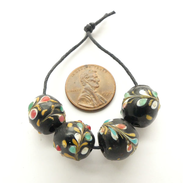 Lampwork, Antique Venetian Black "Fancy" Beads with Floral Decoration, Set of 4