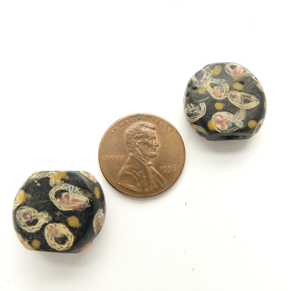 Tabular Antique Venetian Lampwork, Pair of Black Beads with Complex Eye Designs, Sold by Pair