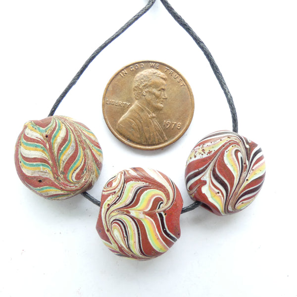 Lampwork, Antique Venetian Trade Beads, Tabular Brown Feathered, Set of 3