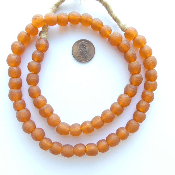 Krobo Recycled Glass Round Beads, Med. Orange/Amber, 10mm Diameter