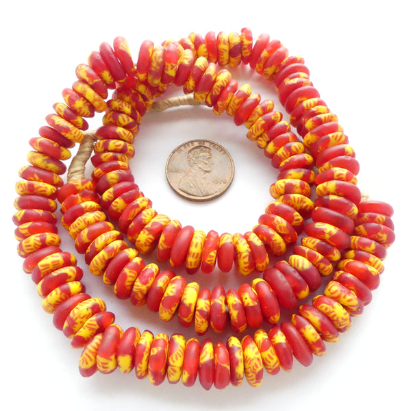 Krobo Disc, Red with Embedded Yellow/Red Striped Seed Beads, 4x10mm, 20" Strands