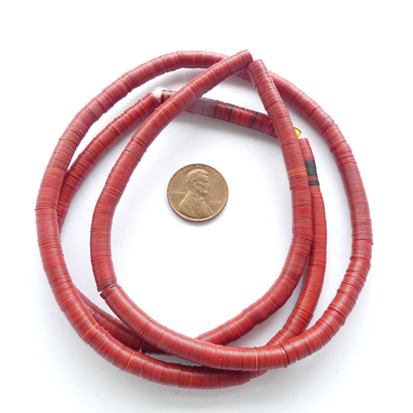 Vinyl Heishi, Mostly Red with a Little Black, 6mm on 29" Strand