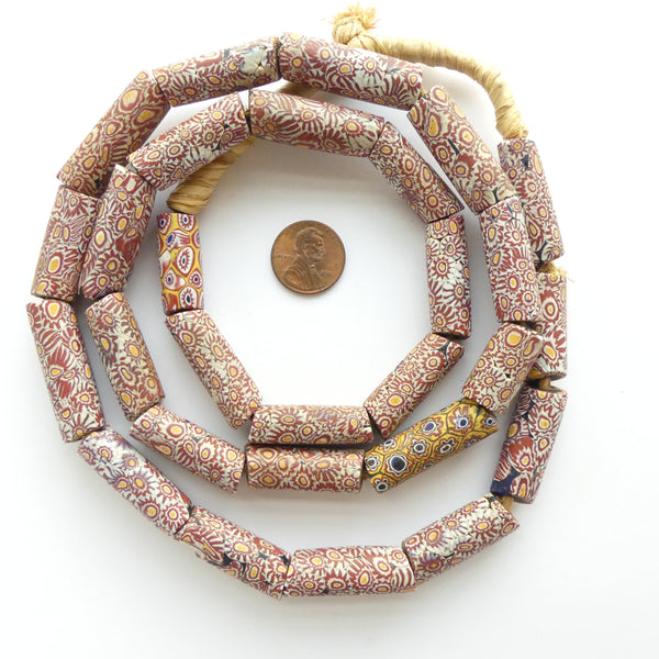 Millefiori, Antique Venetian Trade Beads, Matched Brick, White and Yellow Strand