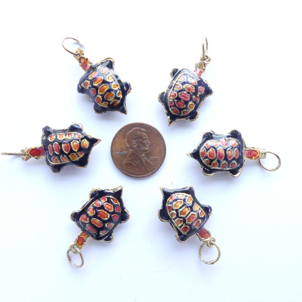Enameled, Turtle, Black and Orange, 33mm long, Sold Individually
