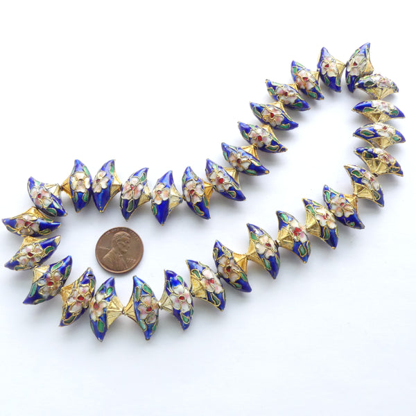 Enamel, Strand of Royal Blue Fan Shape Beads with Floral Design