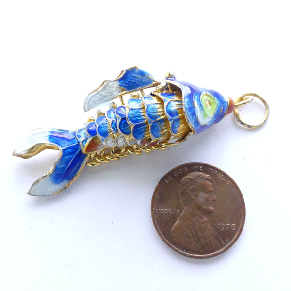 Cloisonne, Vintage Large Articulated Fish Pendant, Royal Blue, 50mm long