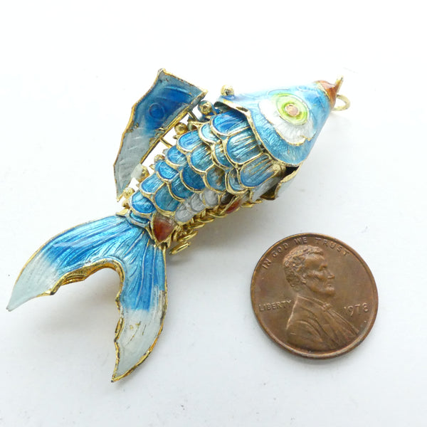 Cloisonne, Vintage Large Articulated Fish Pendant, Tuquoise, 50mm long