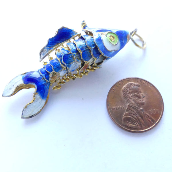 Cloisonne, Vintage Medium Articulated Fish Pendant, Blue, 45mm long