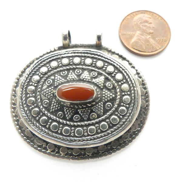 Turkoman Inspired Afghan Oval Pendant with Carnelian Cabochon 2x1.75 inches
