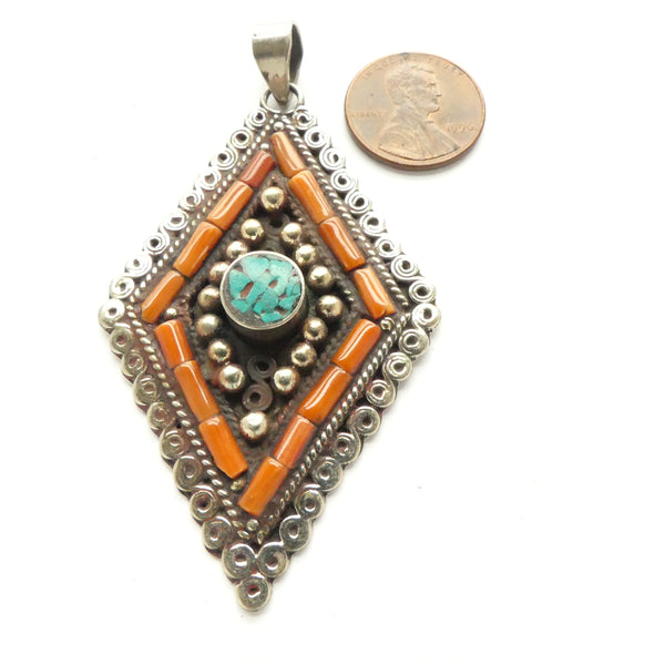Himalayan Brass Pendants, Diamond Shape with Coral and Turquoise, 3 inches long