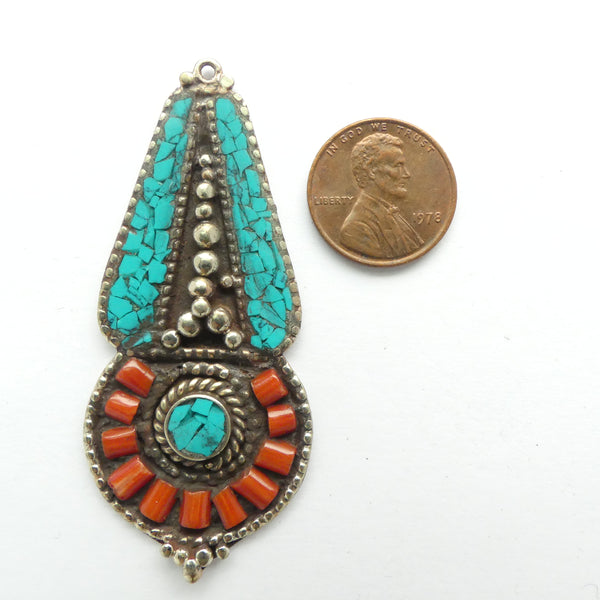 Himalayan Pendants, Large Drop Shape with Turquoise & Coral Inlay, 66mm Long