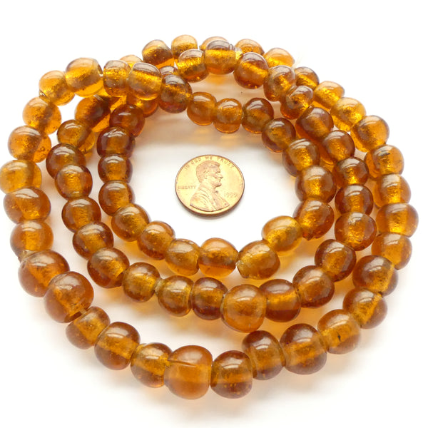 Peking Glass, Amber Color 11mm Large Hole Beads on 27-inch Strand