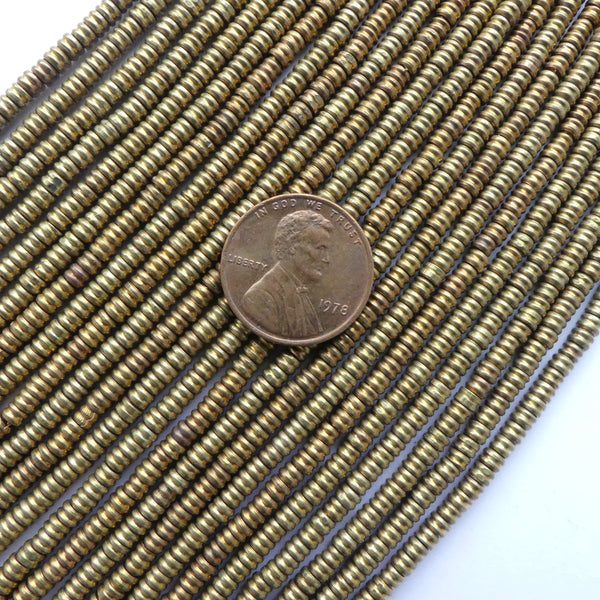 Brass, Short Ridged Mini Tubes, 2x3mm on Long 30-inch Strands