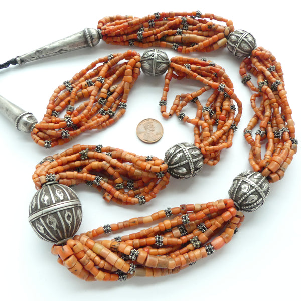 Yemeni Large Antique 10-strand Coral and Silver Necklace
