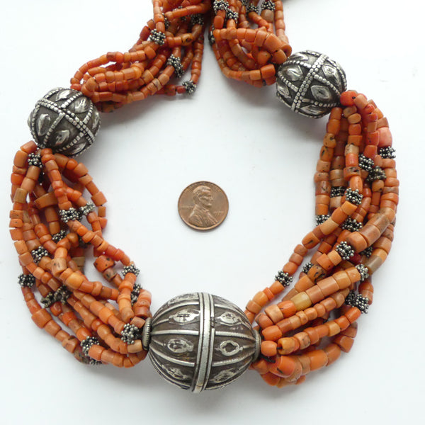 Yemeni Large Antique 10-strand Coral and Silver Necklace