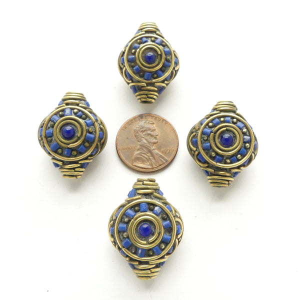 Himalayan Brass Beads, Collared Coin Shape, Inlaid with Lapis. Sold Individually