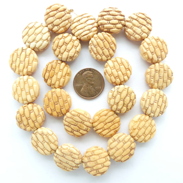 Bone, Strand of Carved Coin Shape Beads, 16mm, 16 Inch Strand