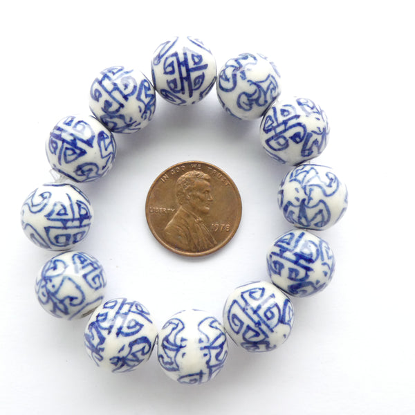 Blue & White Porcelain Round 12mm Stylized Bats and Longevity, Set of 12