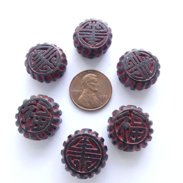 Cinnabar Vintage Red and Black Thick Discs, 18mm Diameter, Sold Individually