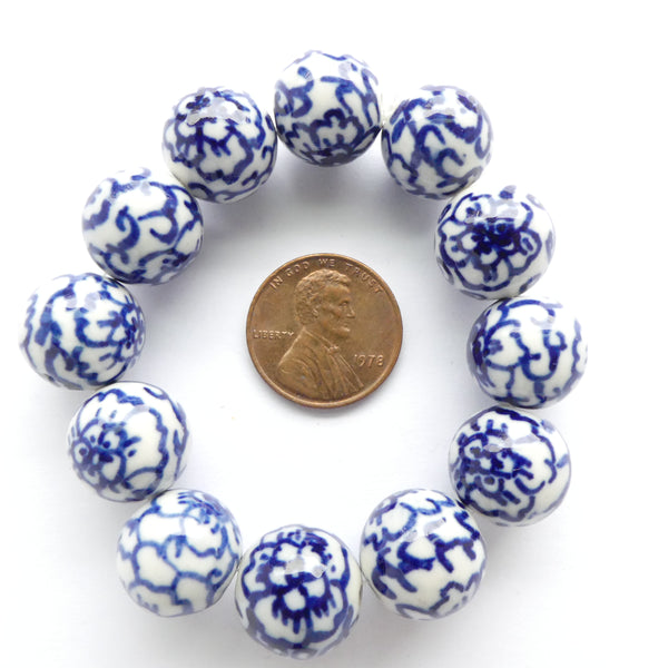 Blue & White Porcelain, Round 12-13mm with Peony Design, Small, Set of 12