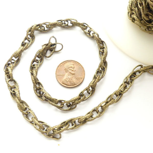 Chain, French Rope Byzantine Chain, Textured Antique Brass, 10x6mm Links, Sold by the Foot