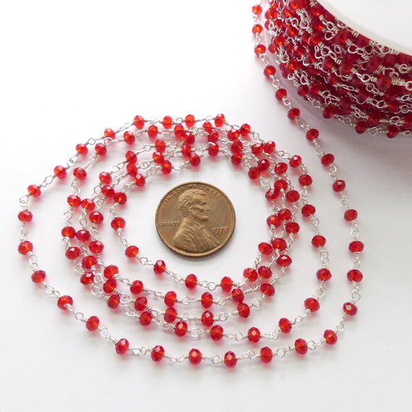 Chain, Rosary, Silver with Red Faceted 3mm Crystal Beads, Sold by the Foot