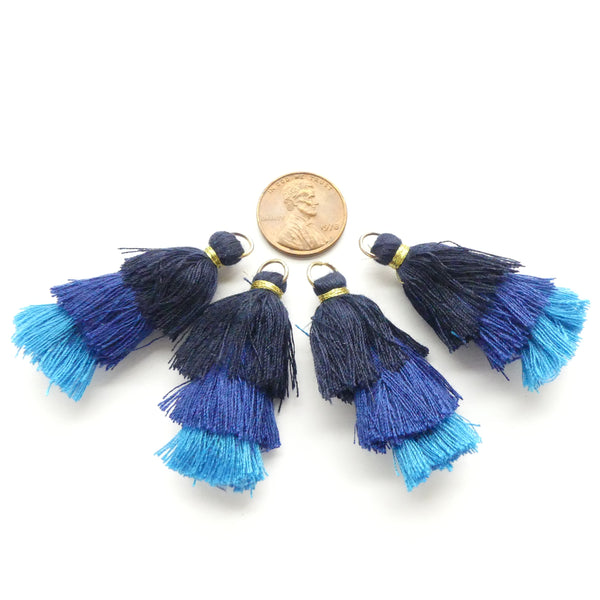 Tassels, Three Tier, Blues and Turquoise, 1.5" Long, Set of 4