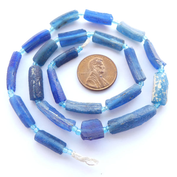 Ancient Glass Made into New Beads, Blue Tubes