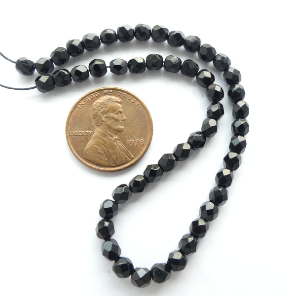 Czech Molded Faceted 4mm Beads, Black, Strands of 50