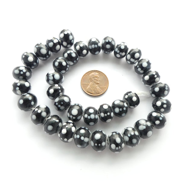 Chinese Glass, White Polka Dots on Black, Strands of 32 Beads, 10mm diameter