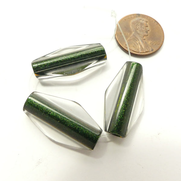 Olive Glass, Shimmering Forest Green Cased in Clear Glass, Diamonds 25x13mm