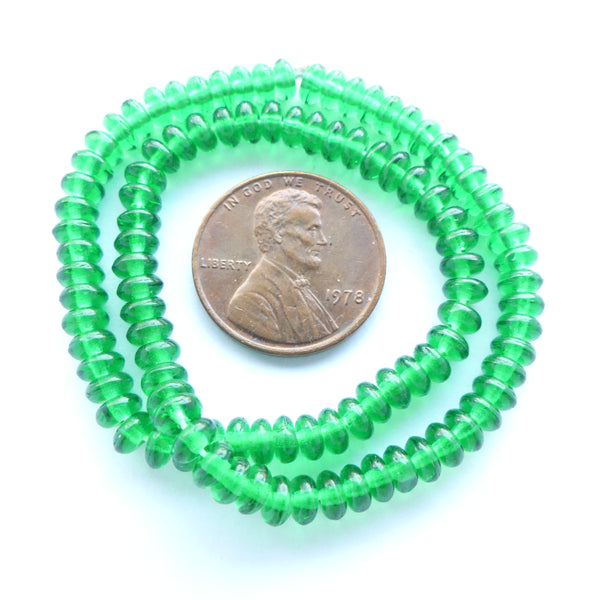 Czech Glass Rondelles, 4mm, Translucent Green, Strands of 100