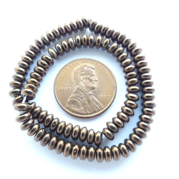 Czech Glass Rondelles, 4mm, Dark Copper Metalic, Strands of 100