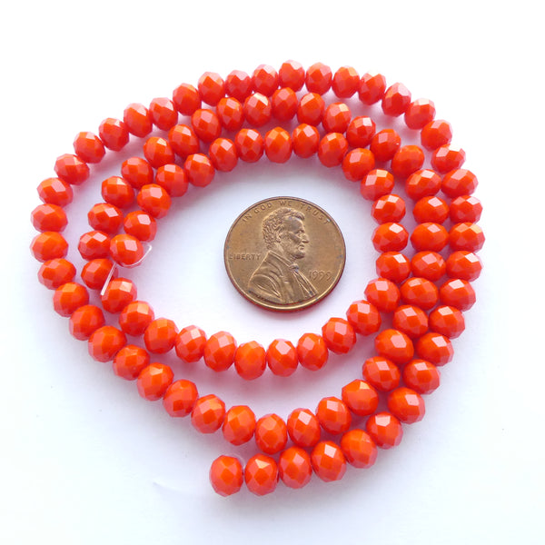 Faceted Glass "Dragon Crystal" 4x6mm, Red-Orange Opaque, 17-inch Strands