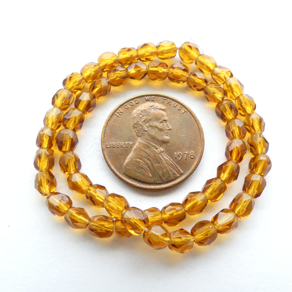 Czech Faceted Glass, 4mm, Dark Amber, Strands of 50 Beads