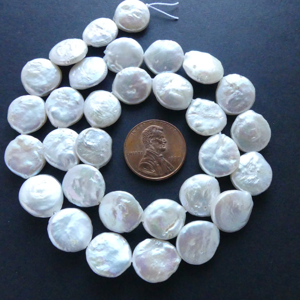 Pearls, White, Coin Shape, 12mm Diameter on 16-inch Strands