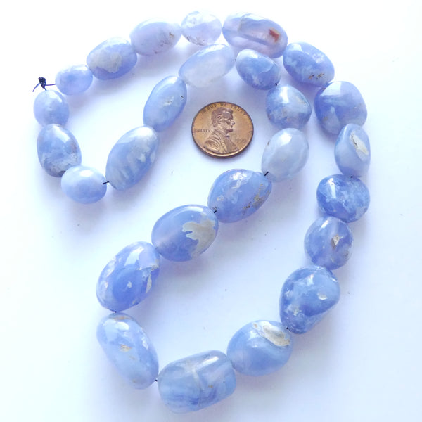 Ancient Blue Chalcedony, Persian, 18-inch Strand with 26 Beads, Longest 22mm