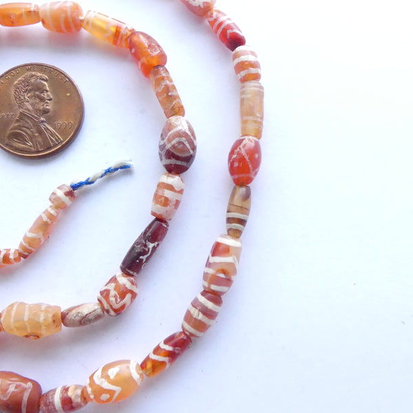 Carnelian, Ancient Etched from Afghanistan, Largest 20mm, 18-inch Strand
