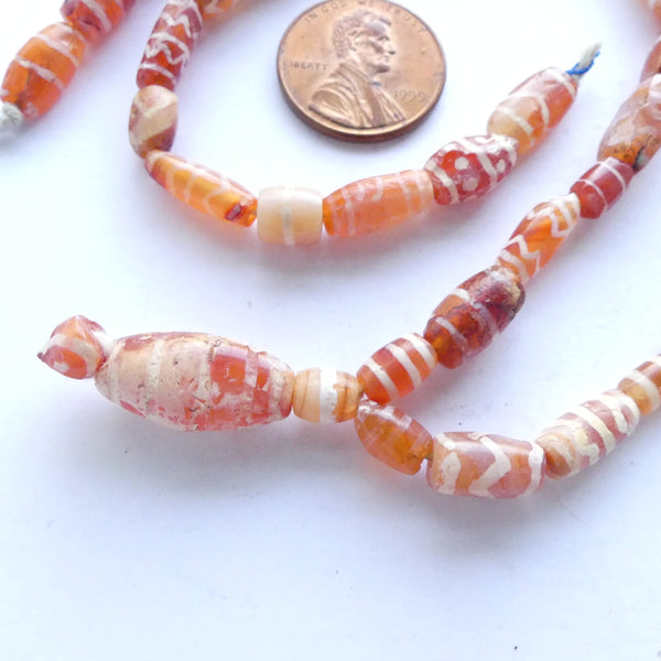 Carnelian, Ancient Etched from Afghanistan, Largest 17mm, 19-inch Strand