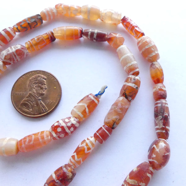 Carnelian, Ancient Etched from Afghanistan, Largest 17mm, 19-inch Strand