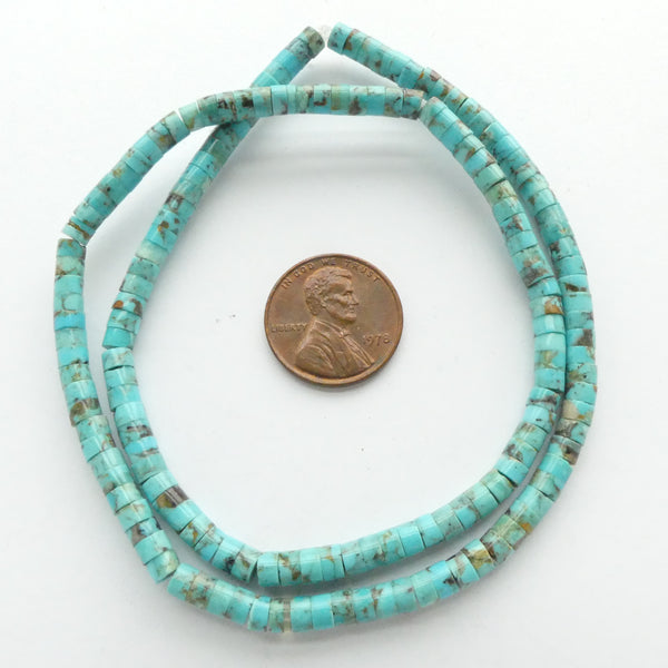 Turquoise, Heishi, Natural American 4mm on 16-inch Strand