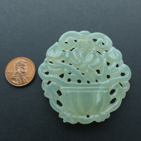 New Jade, Pendant Basket of Flowers, Vintage 2-inches Diameter