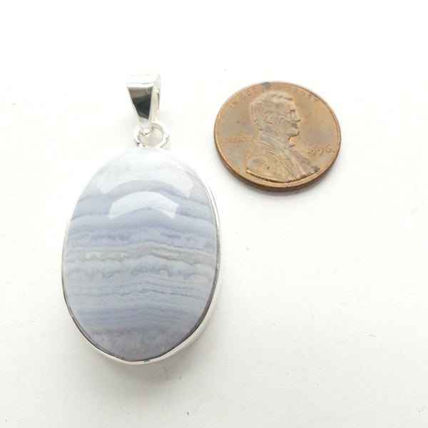 Blue Lace Agate, Oval Pendant in Sterling Silver Setting, 40mm Long with Bail