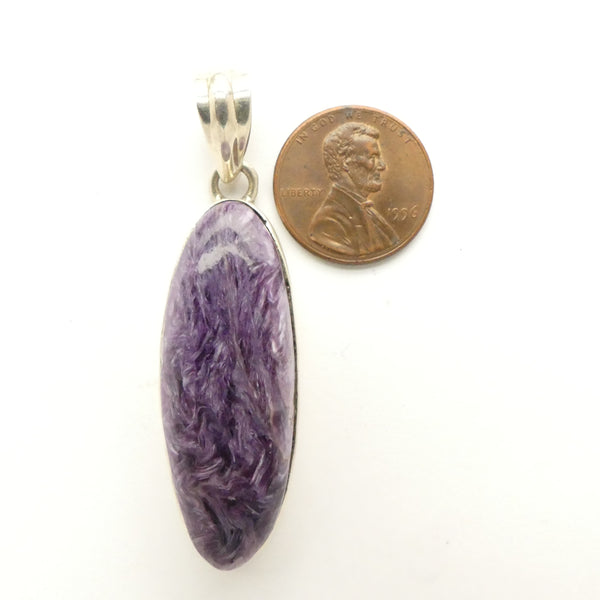 Charoite Pendant, Long Oval Set in Sterling Silver, 55x26mm