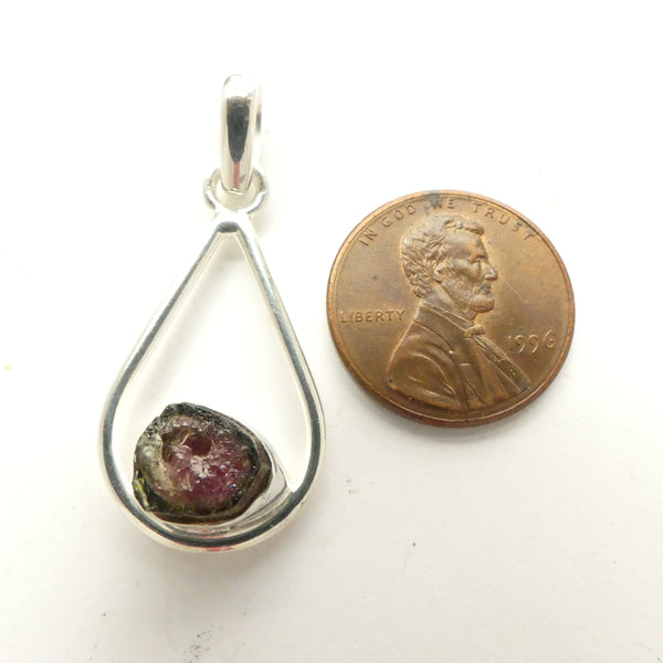 Tourmaline, Watermelon Pendant, Freeform Stone Set in Sterling Silver, 36x25mm