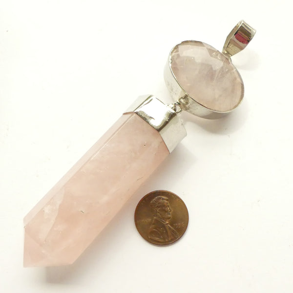 Rose Quartz Pendant, Huge Crystal with Faceted Oval Set in Silver, 5 Inches Long