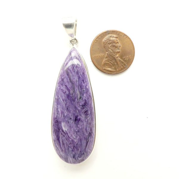 Charoite Pendant, Large, Long Teardrop Set in Sterling Silver, 60x20mm